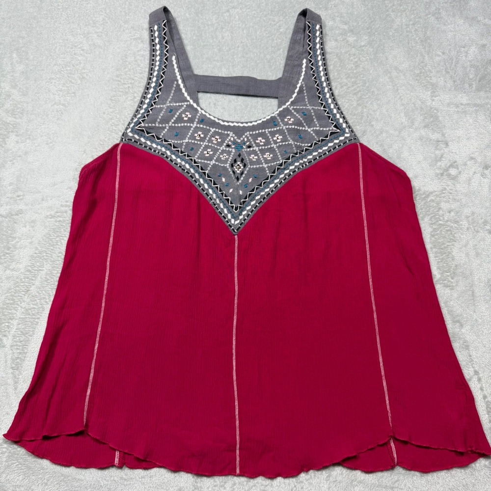 2010s Berry Pink Rayon Maurices Boho Embroidered Bib Tank Top Cool Summer Light